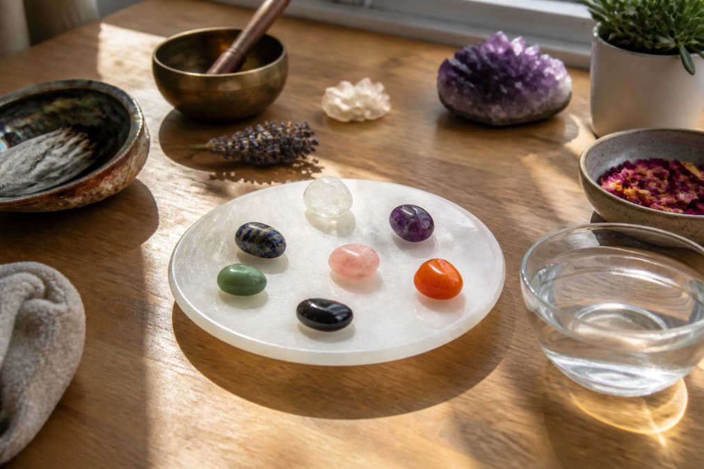 A selenite charging plate holding several small tumbled crystals, soft natural light streaming across a wooden table