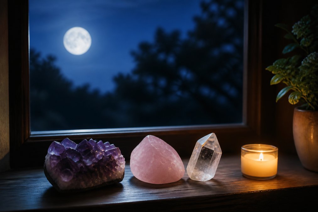 A cluster of polished crystals, amethyst, rose quartz, and clear quartz, arranged on a wooden windowsill at night, bathed in soft cool moonlight with a small lit candle beside them and a dark atmospheric background