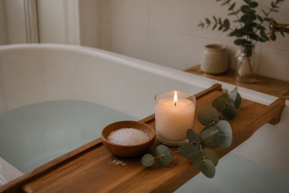 How to Cleanse Your Personal Energy: A 2026 Guide 1 A peaceful bathroom scene with a wooden bath tray holding a lit candle, a small bowl of salt, and eucalyptus sprigs beside a white bathtub filled with water