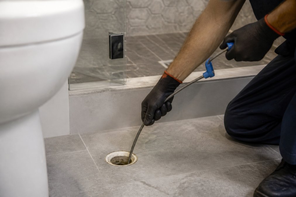 Step-by-step diagram showing the proper technique to clear a clogged drain naturally using a plumbing snake.