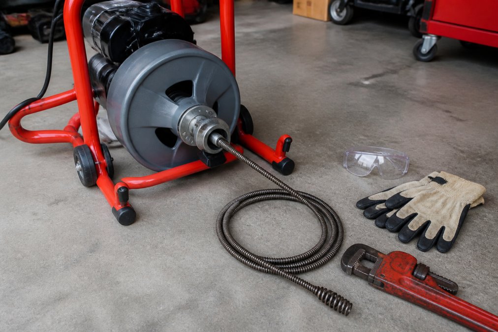Close-up of professional drain cleaning tools laid out on a concrete garage floor: a motorized drum auger with coiled snake cable, heavy-duty rubber gloves, safety goggles, and a pipe wrench under bright overhead lighting