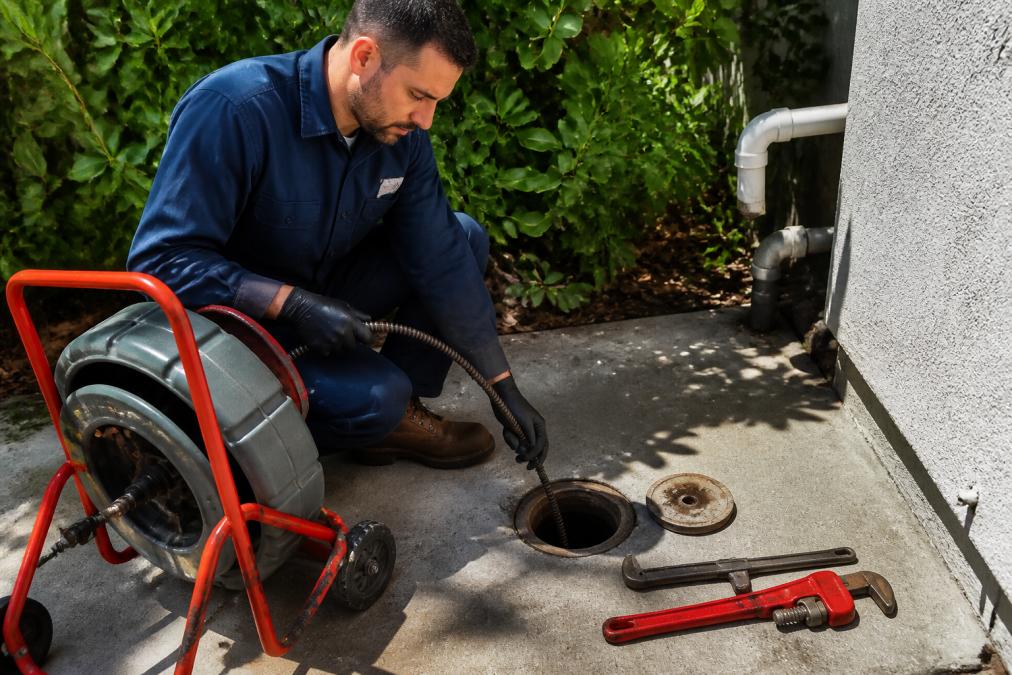 A licensed plumber kneeling outdoors on a concrete pad next to an open sewer cleanout pipe cap, holding a motorized drain auger cable ready to insert into the lateral line access point, with morning sunlight casting shadows across the work area
