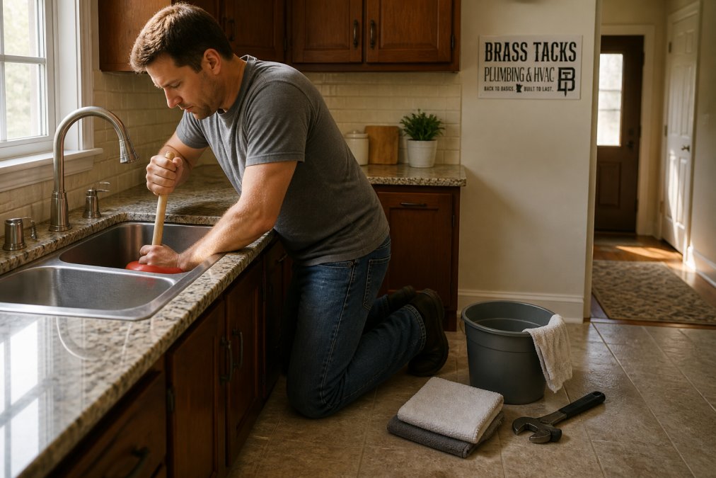 Homeowner using a red cup plunger to clear a kitchen sink drain clog with tools nearby