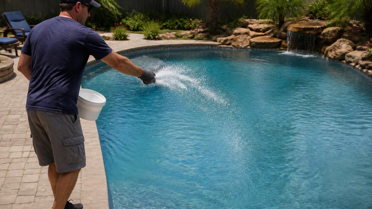 Homeowner wearing gloves broadcasting shock granules to clear cloudy pool water on a sunny day