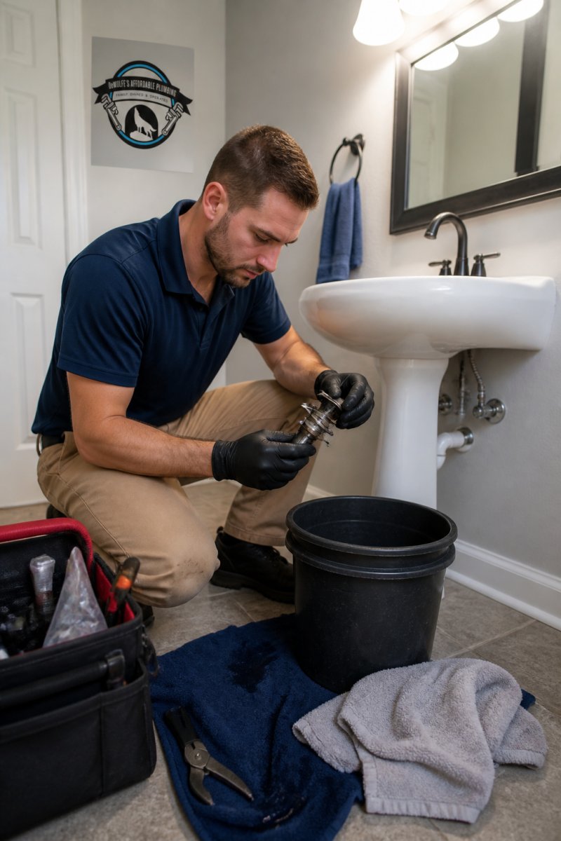 Homeowner kneeling beside a bathroom sink with a bucket and towels on the tile floor, inspecting a removed drain stopper under bright vanity lighting