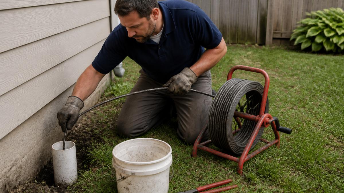 Homeowner wearing gloves using a manual drain snake to clear deep sewer clogs from an outdoor cleanout pipe.