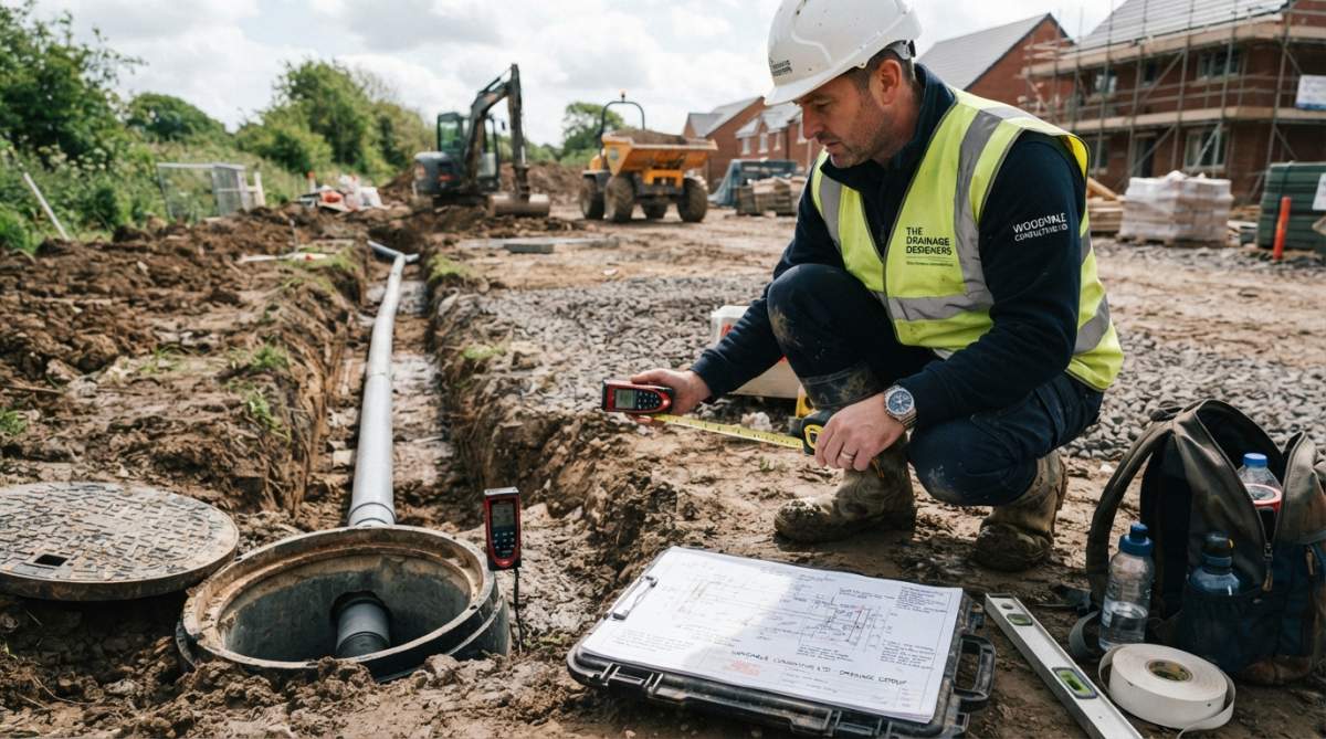 Site engineer reviewing drainage design plans and site investigation data on a desk with measurement tools, surveying equipment, and laptop visible in natural office lighting
