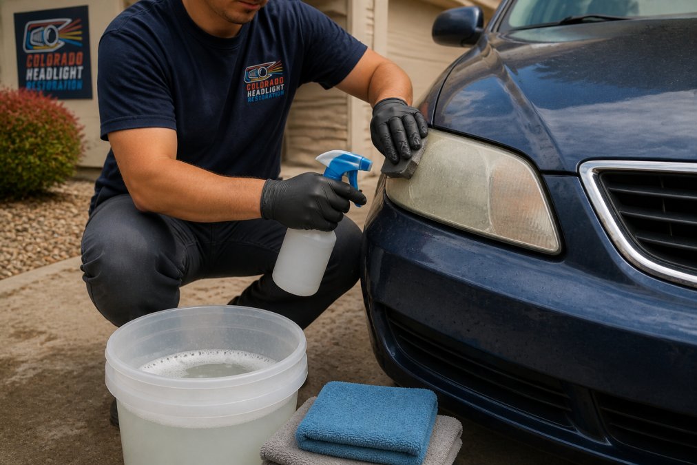 A person wearing nitrile gloves wet-sanding a car headlight with a sanding block and spray bottle in a residential driveway, bucket of soapy water and folded microfiber towels on the ground beside the front tire, soft overcast daylight
