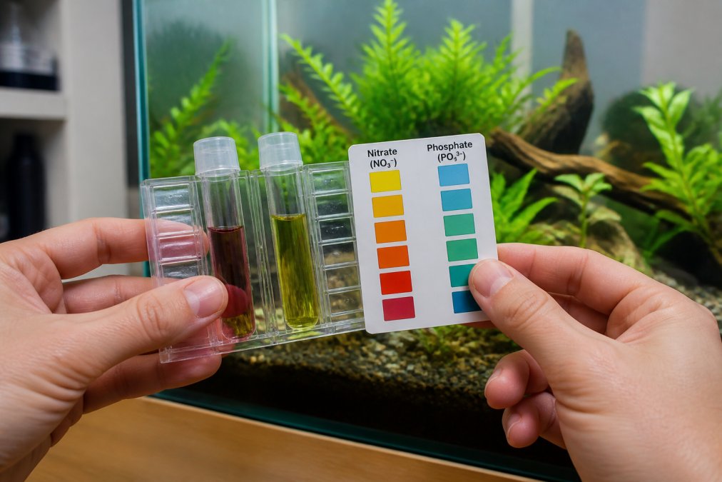 Close-up of hands holding an aquarium water testing kit with color-coded vials and a reference card showing nitrate and phosphate levels being checked against a color scale