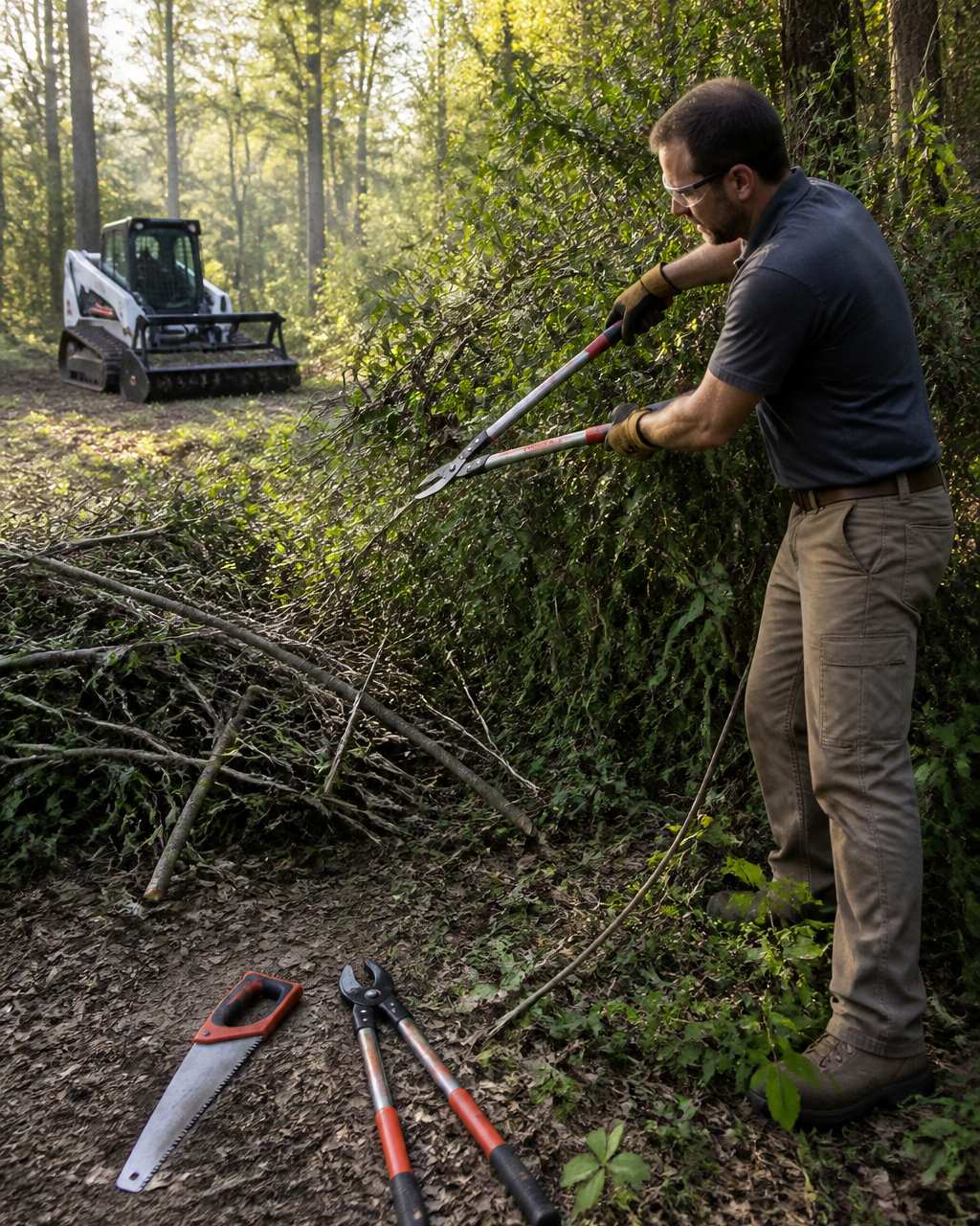 Person using loppers and a saw to clear land of thick brush and overgrown vegetation at a wooded plot edge