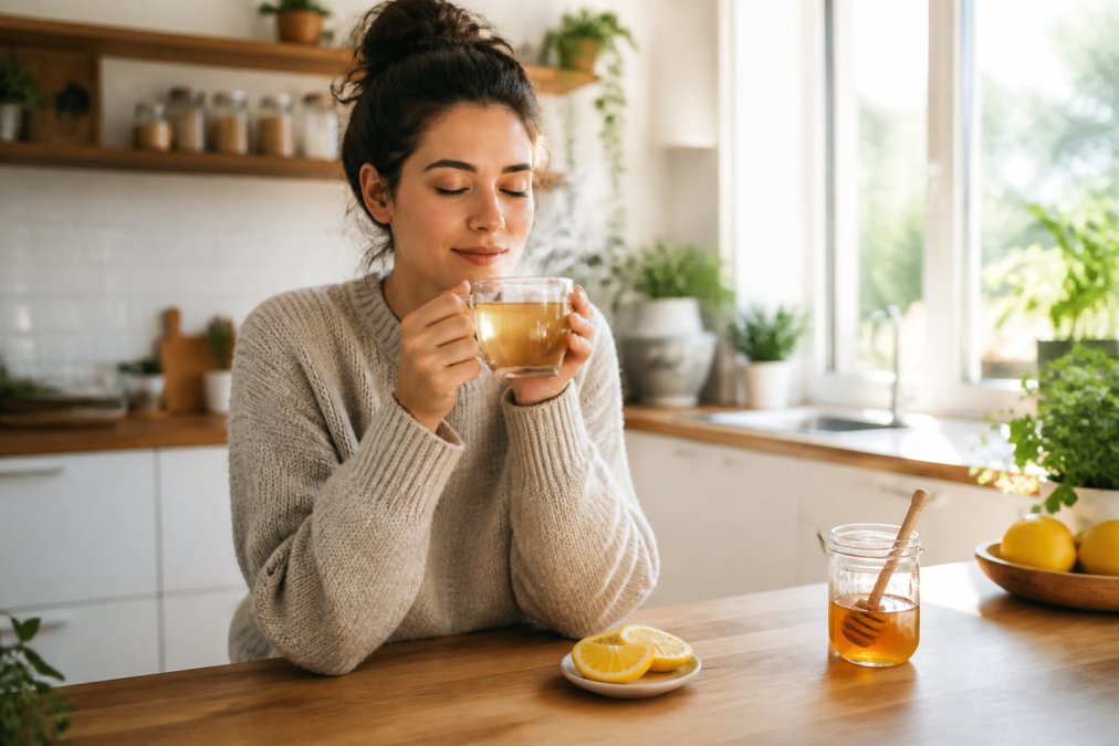 A person in a bright kitchen holding a steaming mug of herbal tea with honey, a slice of lemon on the wooden counter beside them, soft morning light through the window