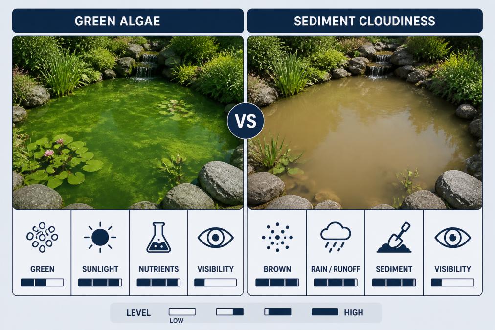 Side-by-side comparison of a vibrant green algae-filled pond next to a brown sediment-cloudy pond, both photographed in natural daylight showing the stark visual difference
