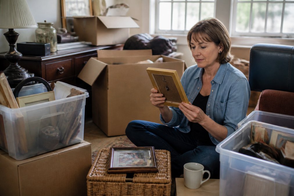 A person sitting on the floor of a cluttered living room, holding a framed photo and looking at it thoughtfully, with moving boxes and labeled bins nearby