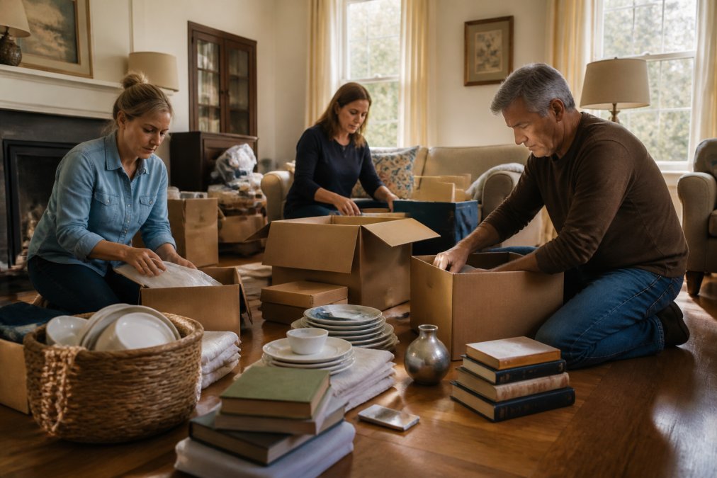 Adult siblings sorting through boxes and household items in a living room, with some items organized into piles on the floor, natural afternoon light from windows