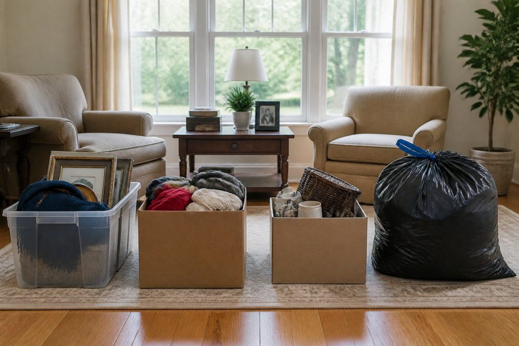 Living room with items organized into four distinct piles labeled keep, donate, sell, and trash, showing practical sorting with natural daylight through windows