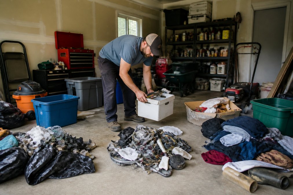 A homeowner in work clothes sorting through garage items, with three clearly separated piles on the floor labeled keep, toss, and donate, surrounded by storage bins and tools