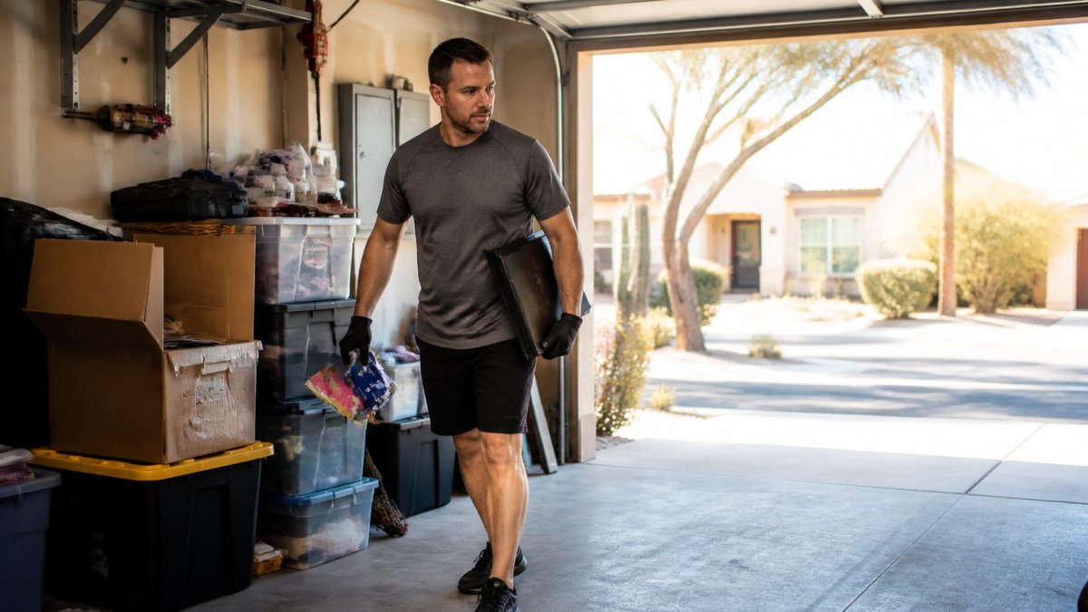 Homeowner in work clothes sorting through garage junk into organized bins and storage boxes
