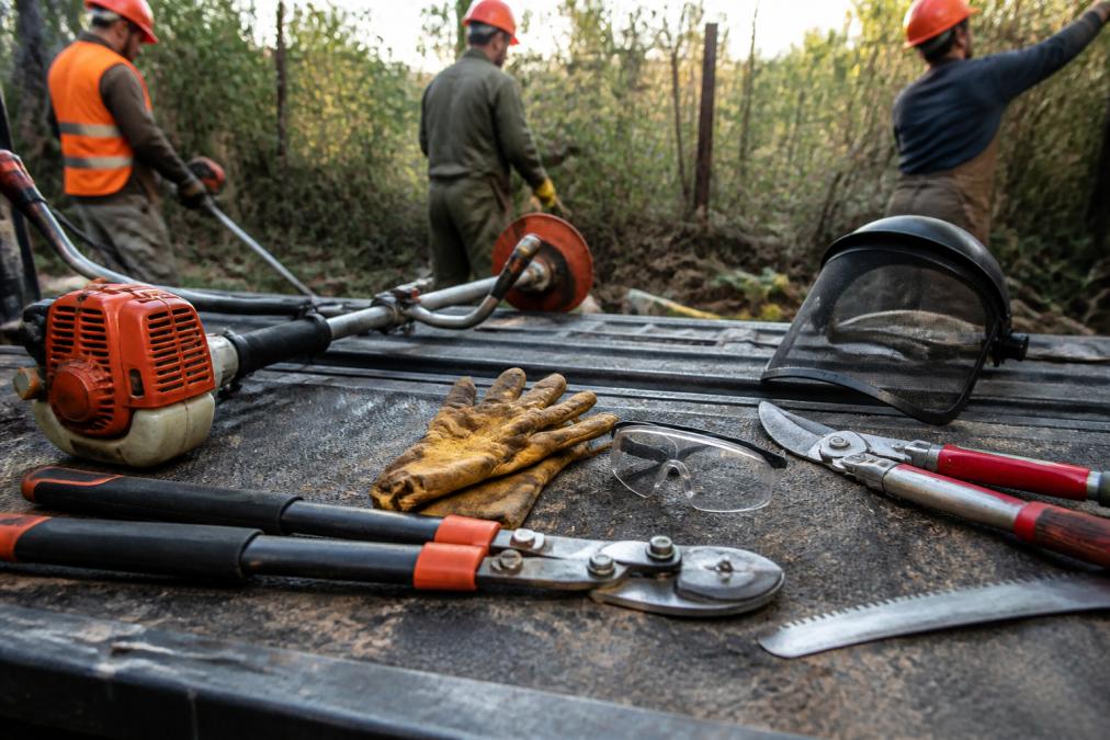 Professional land clearing crew using handheld pruning tools and safety equipment including leather gloves and safety goggles while clearing thick brush from an overgrown fence line, with morning sunlight filtering through the overgrowth