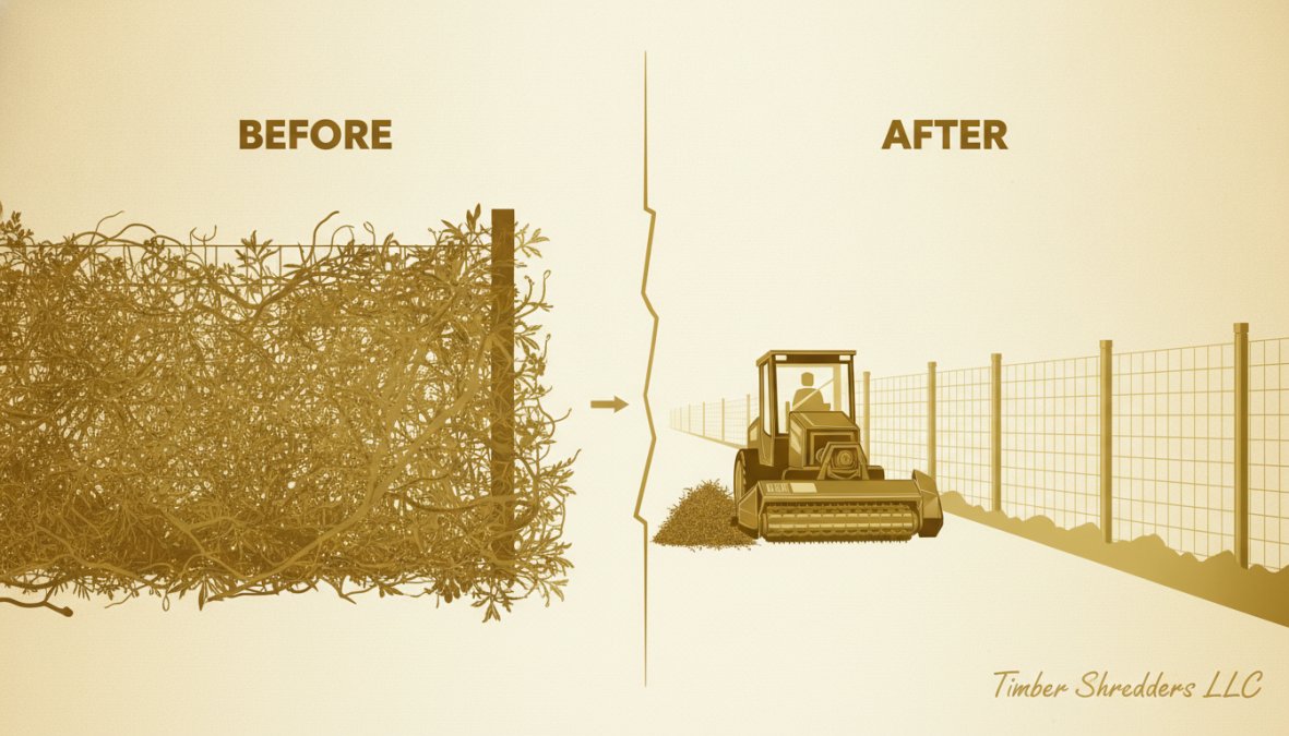 Close-up of professional clearing equipment removing dense brush and vines from an overgrown fence line, showing the before state of heavy vegetation