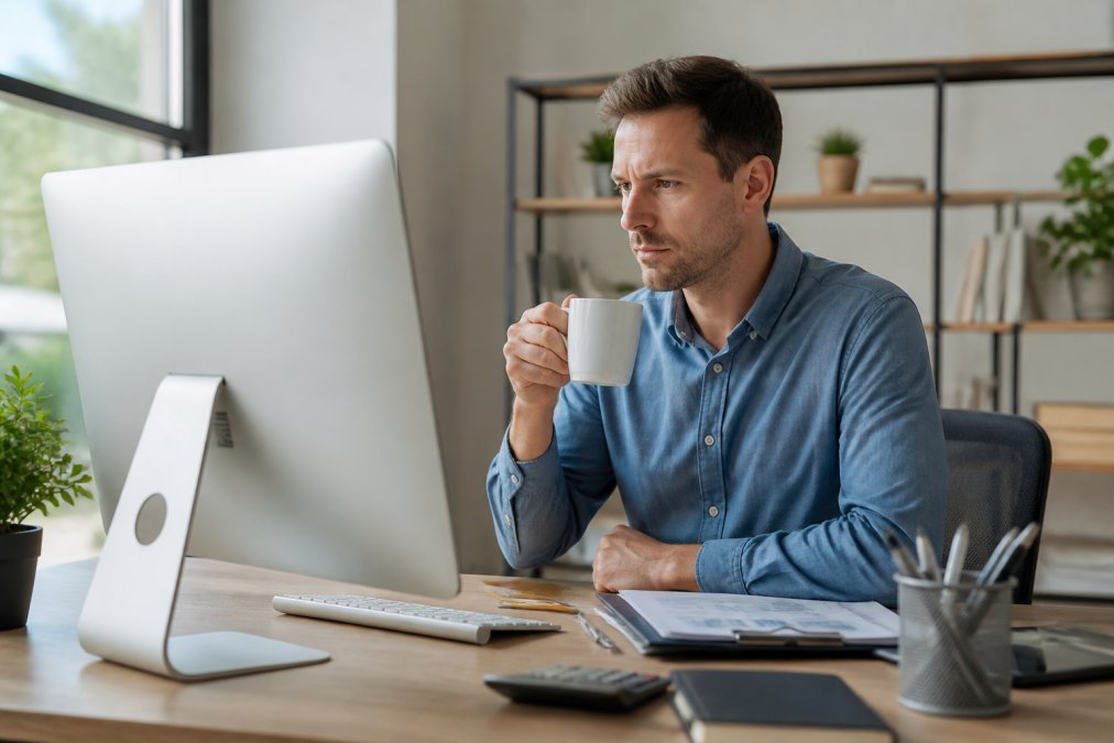 Person at desk looking at computer screen with search results displayed, holding coffee cup, focused expression in modern office with natural lighting