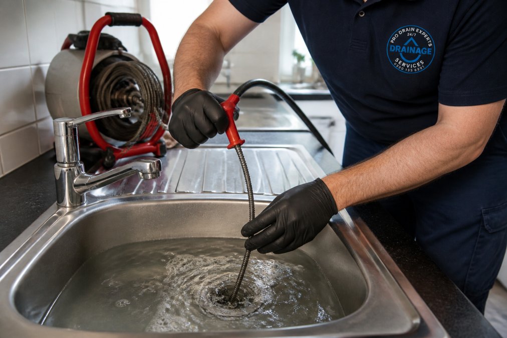Professional demonstrating plumbing snake insertion technique into a drain opening with hands gripping the handle and water visible in the sink basin