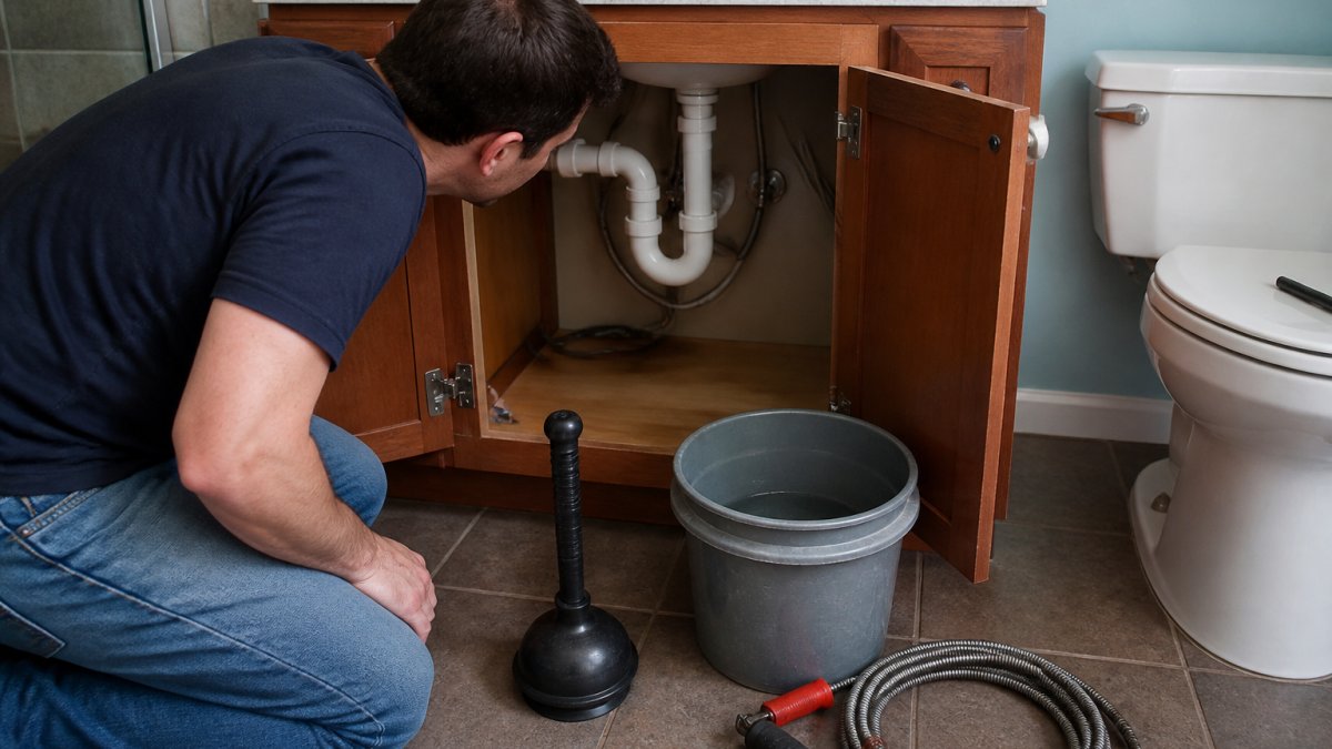 A homeowner kneeling beside a bathroom sink with a plunger, bucket, and drain snake on the floor, looking into an open P-trap under the cabinet