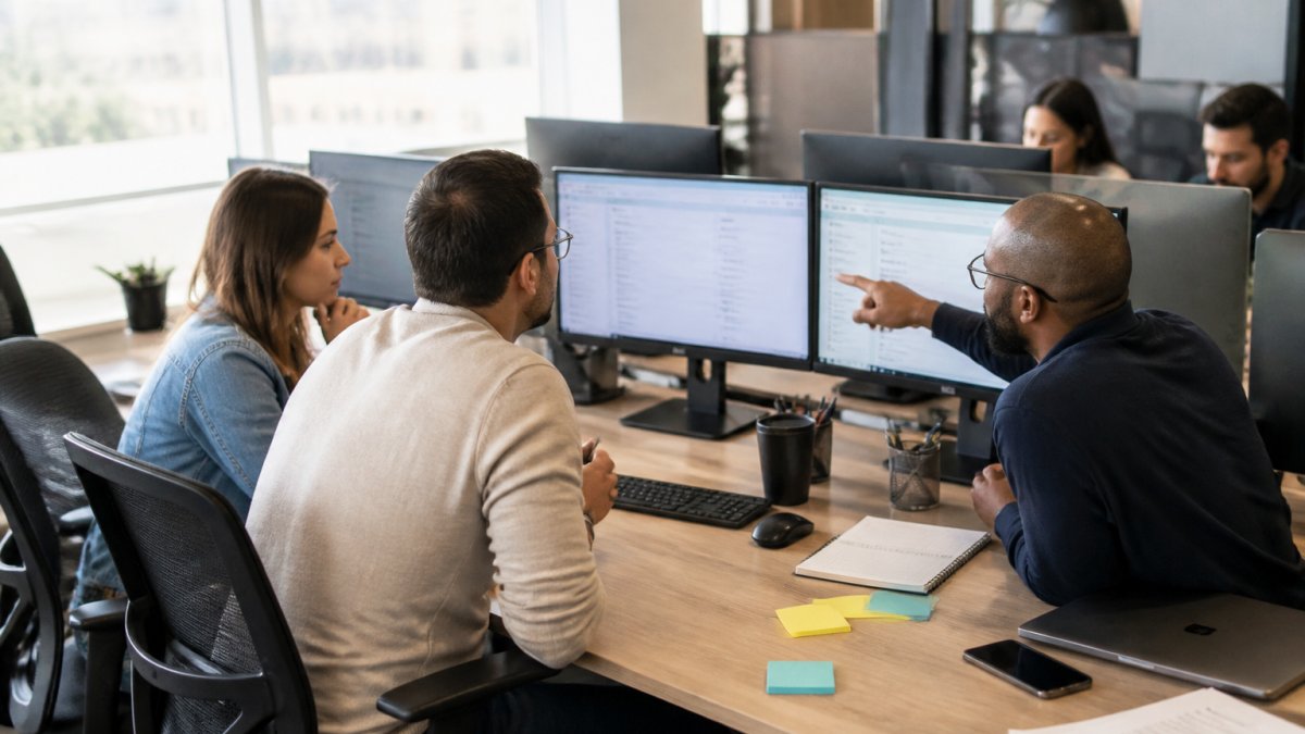 Support team members collaborating at desks reviewing tickets on multiple monitors in a bright modern office, discussing priorities