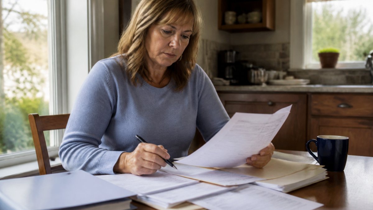 A woman in her fifties reviewing probate paperwork and a wall calendar at a kitchen table, pen in hand, folder and coffee mug nearby, soft morning light through the window