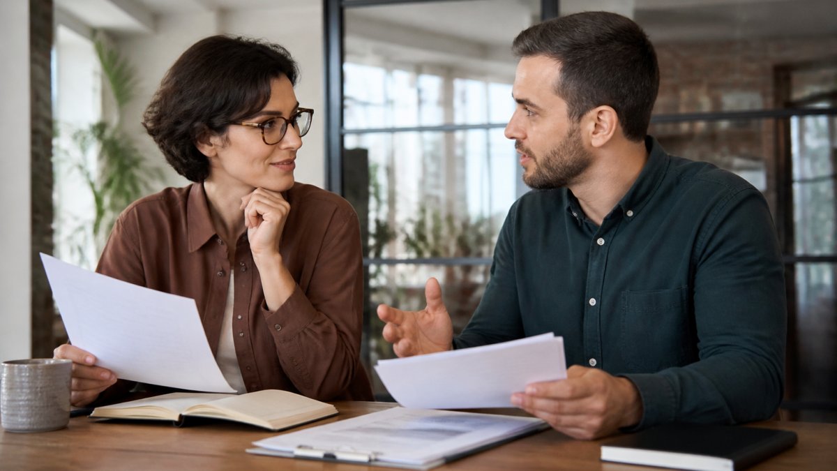 Professional collaborating with ghostwriter effectively, sitting at desk with laptop, notepad, and coffee, reviewing documents and notes during focused work session in modern office