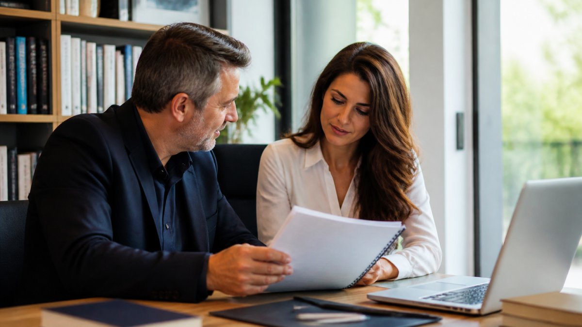 A professional author and a book writer sitting across a desk in a bright office, reviewing a printed manuscript together with a laptop open beside them