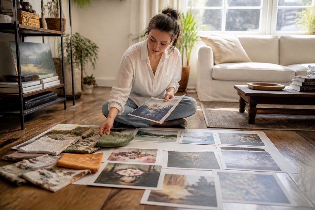 Young woman sitting on a wooden floor surrounded by art prints and fabric swatches to help her collect art.