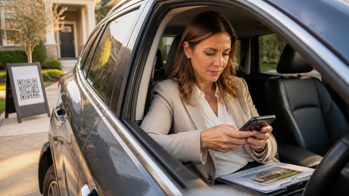 A real estate agent sitting in a parked car outside a suburban home, typing a follow-up text on a smartphone with a clipboard and property flyer on the passenger seat
