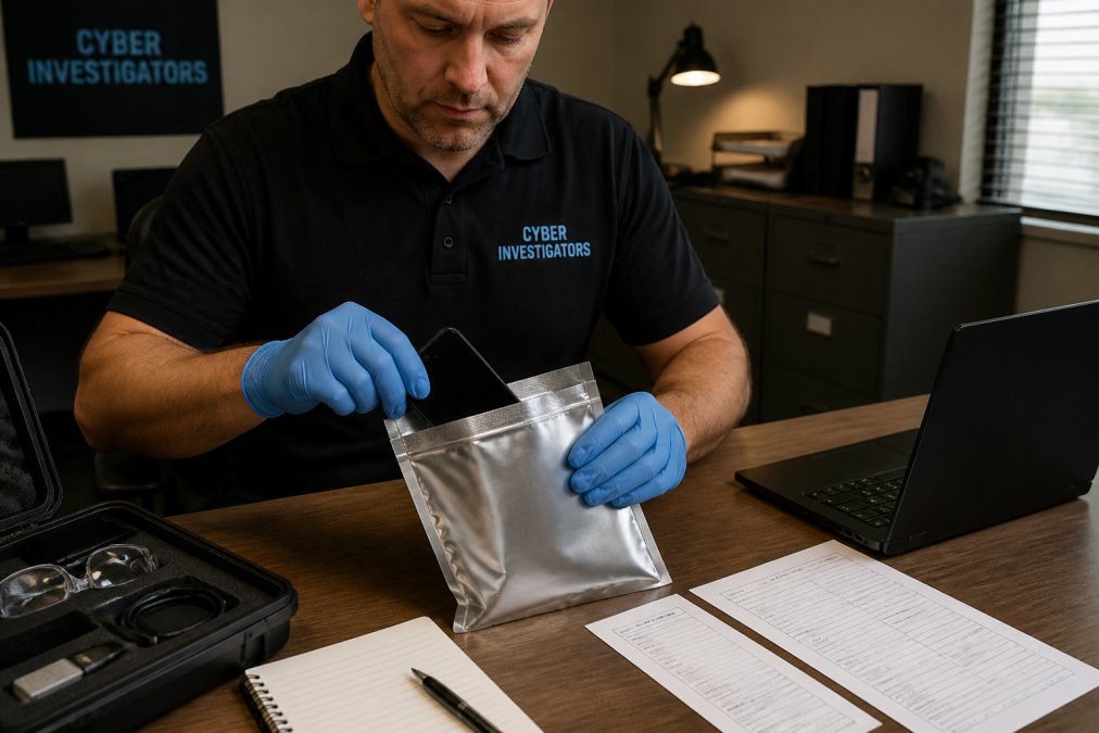 Forensic investigator placing a smartphone into a Faraday bag to collect digital evidence properly.