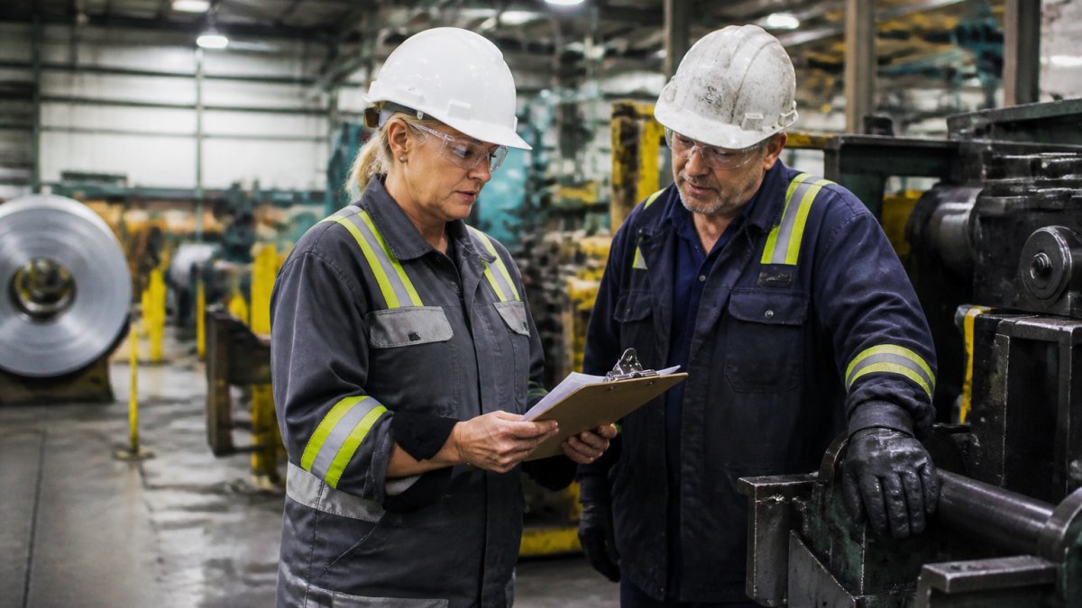 Safety manager and worker reviewing a hazard reporting form to collect safety data on the factory floor