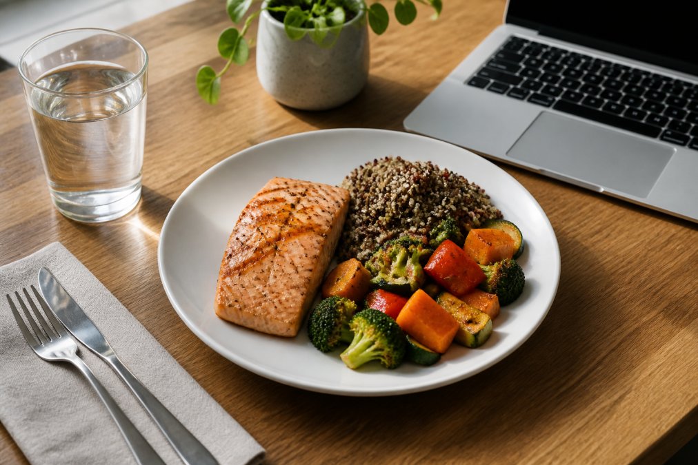 Balanced lunch of salmon and quinoa on a desk to help avoid afternoon energy crashes while working on a laptop.