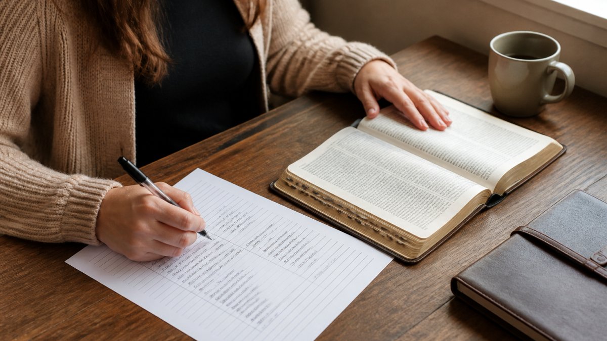 A person sitting at a wooden table with an open Bible, a handwritten thought record worksheet, and a pen, warm natural light from a nearby window