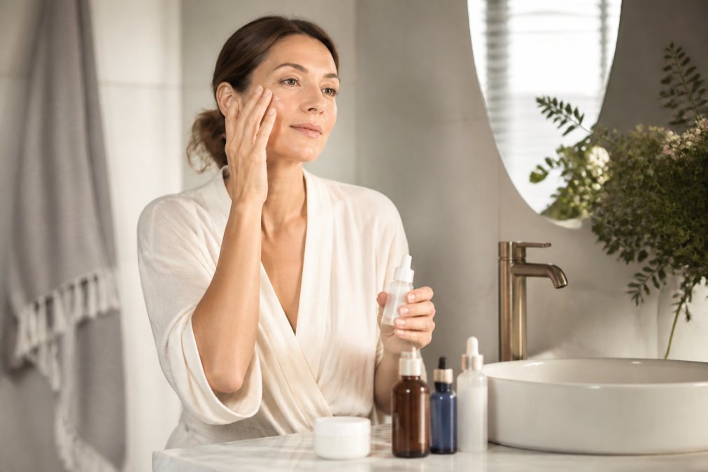 A woman in her late 30s applying serum to her face at a bathroom vanity in soft morning light, with a small collection of minimalist skincare bottles arranged nearby