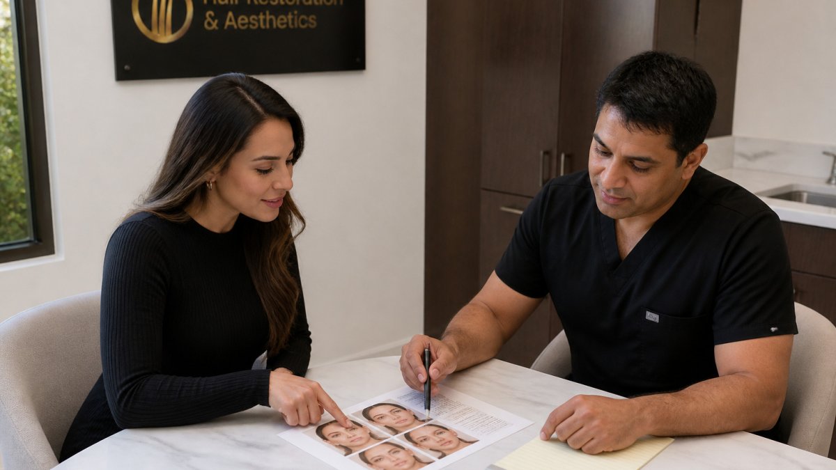 Patient and physician reviewing a facial treatment plan for dermal fillers in a bright clinic consultation room