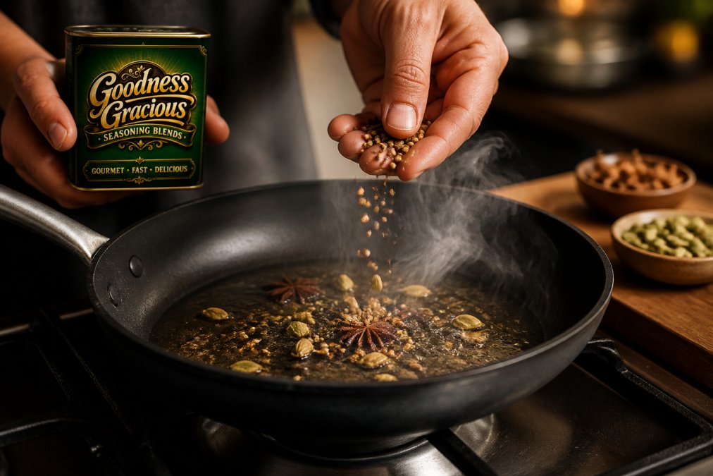 Close-up of hands adding whole spices to a hot pan with visible steam and aromatic release, showing the blooming technique in action