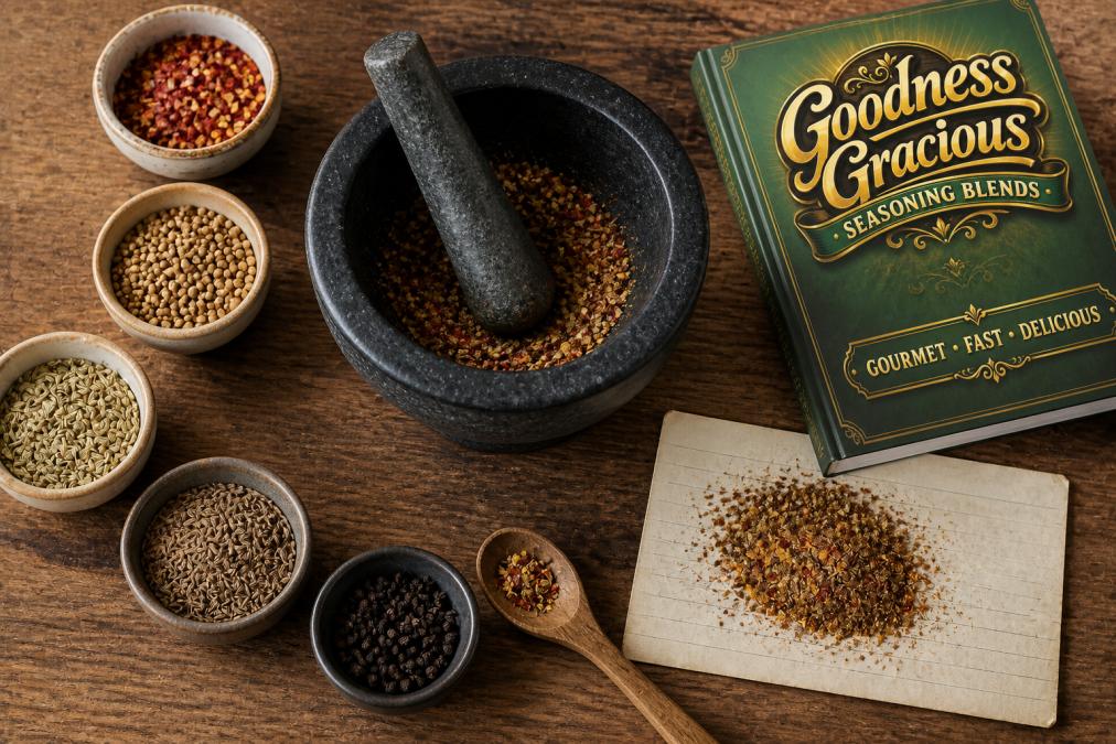 Overhead shot of a mortar and pestle with freshly ground spices, small bowls of different spices, and a hand-written spice blend recipe card on a wooden surface