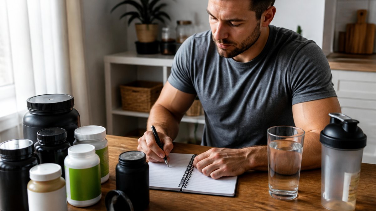 Person at a clean desk with various supplement bottles, a glass of water, and a notebook organizing their daily supplement routine