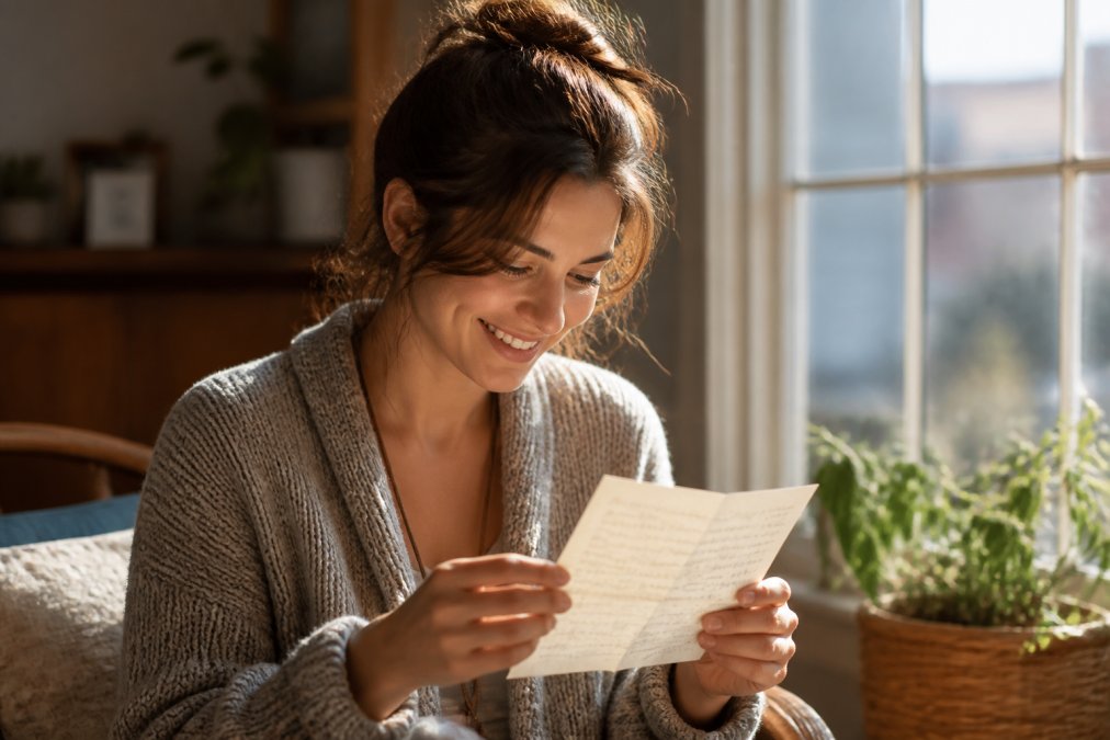 Person holding a handwritten letter with a warm, genuine smile, natural window light illuminating their face as they read a heartfelt message