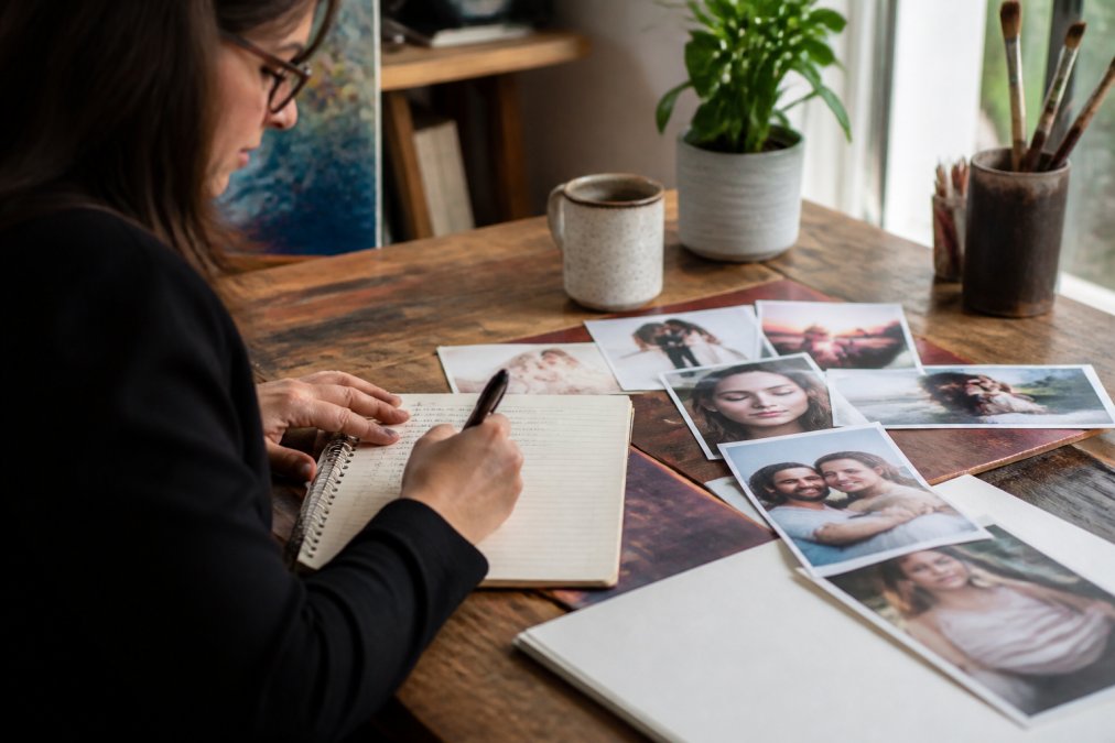A person at a wooden desk writing a detailed commission request in a notebook, with printed reference photos and a laptop showing an artist portfolio spread out beside them