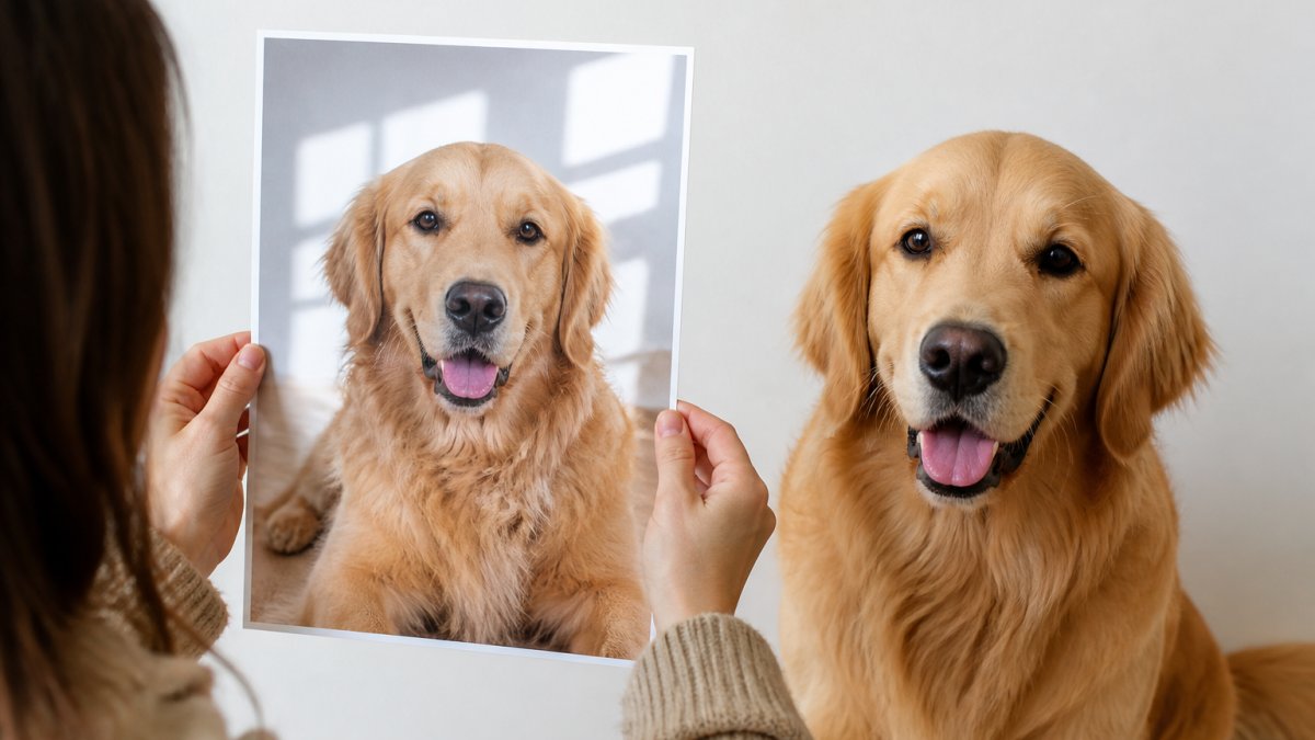 Pet owner holding up a clear, well-lit reference photograph of their golden retriever against a neutral white wall, showing proper composition with natural window lighting illuminating the dog's face and distinctive features
