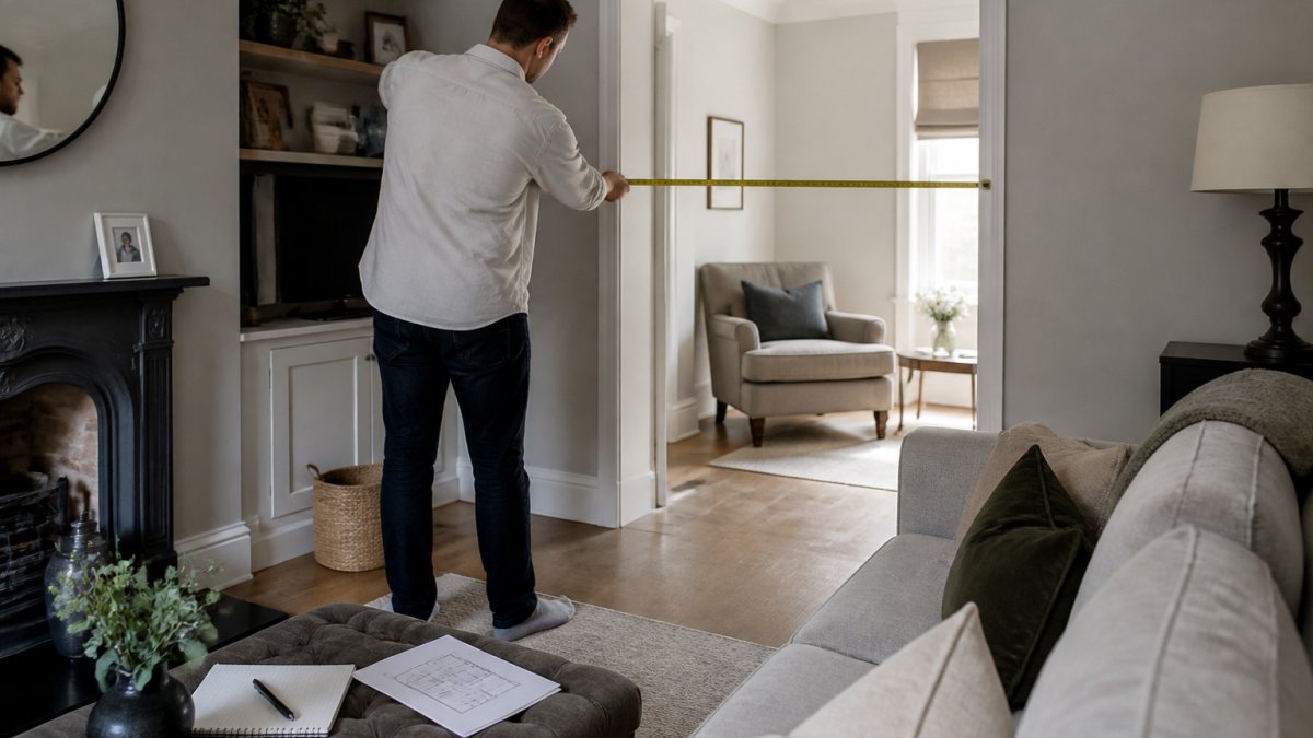 Homeowner measuring a living room with a tape measure, carefully noting dimensions on paper while checking doorway width and furniture placement against existing pieces
