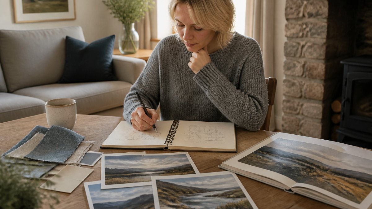 A homeowner sitting at a wooden table with a notebook, printed landscape reference photos and fabric swatches, sketching notes for an art brief in a bright living room