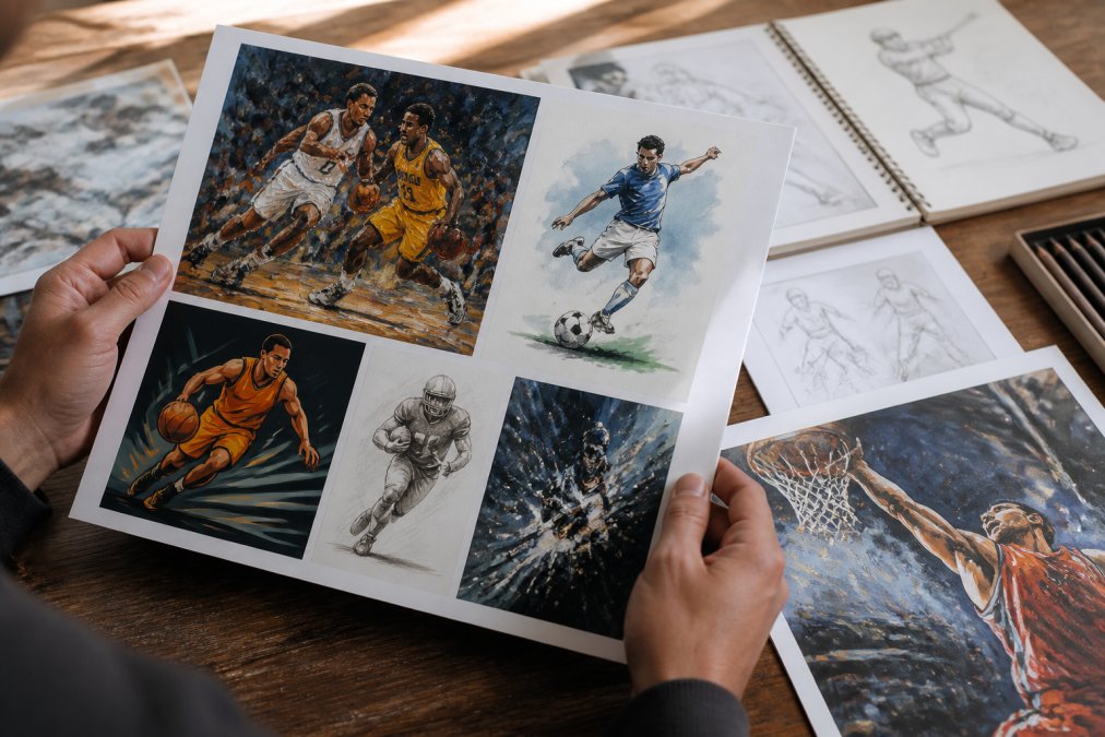 Hands holding a printed portfolio of sports artwork samples showing different artistic styles, mediums like oil on canvas and digital illustrations, with sketches and finished pieces spread across a wooden table in natural light