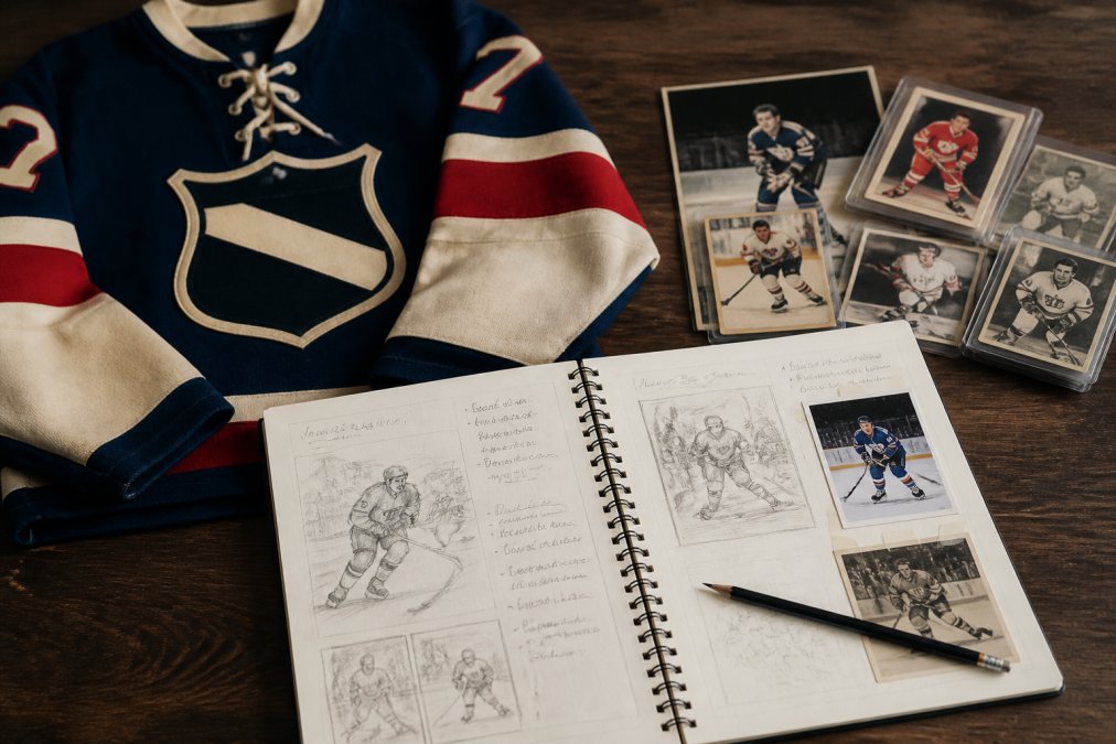 Vintage hockey jersey and sports memorabilia cards laid out on a wooden table alongside a notebook with sketches, reference photos, and handwritten notes about the commission