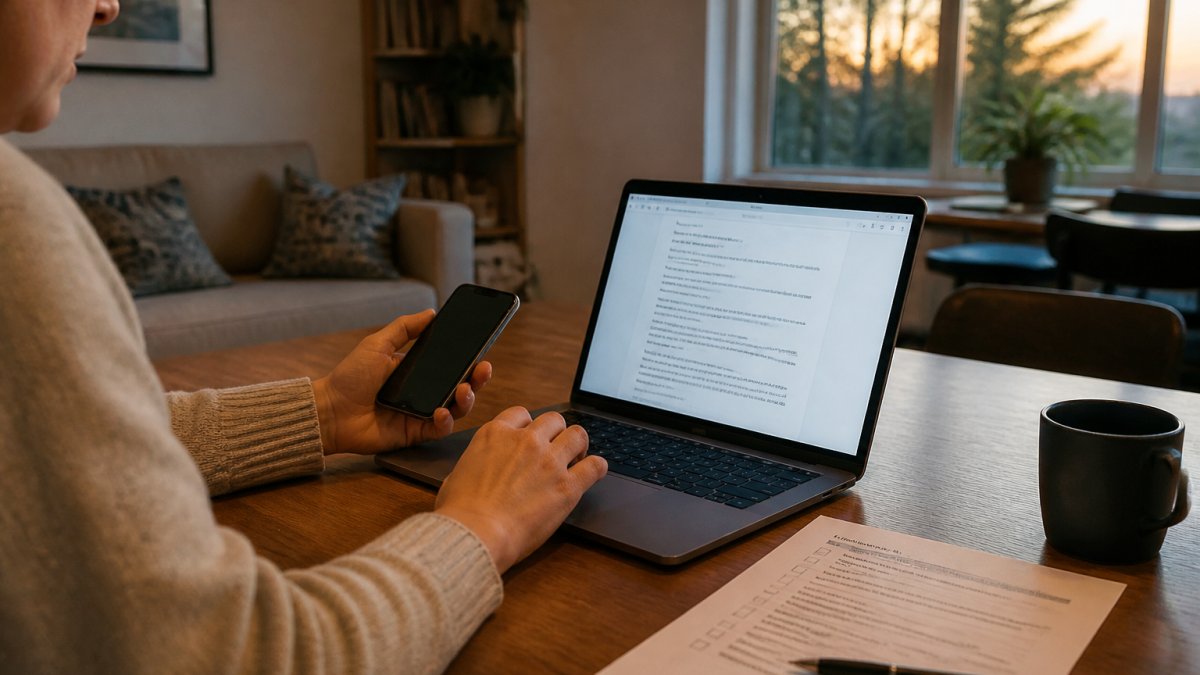 Host reviewing a bed bug policies communication template on a laptop with a printed checklist nearby