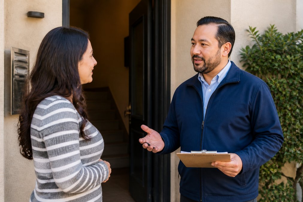 Property manager having a calm, professional conversation with a tenant to explain safety inspection schedules.